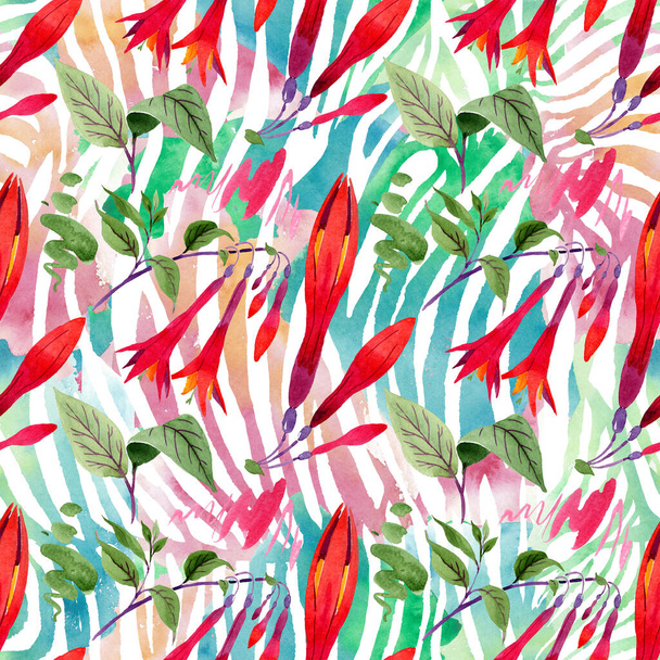 Red fuchsia floral botanical flowers. Watercolor background illustration set. Seamless background pattern. - Foto, afbeelding