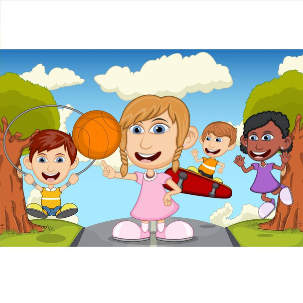 Children play basketball, jumping rope, and skateboard on the street cartoon - Vector, Image