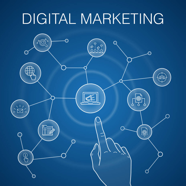 Digitales Marketingkonzept, blauer Hintergrund. Internet, Marketing-Forschung, soziale Kampagne, Pay-per-Click-Symbole - Vektor, Bild