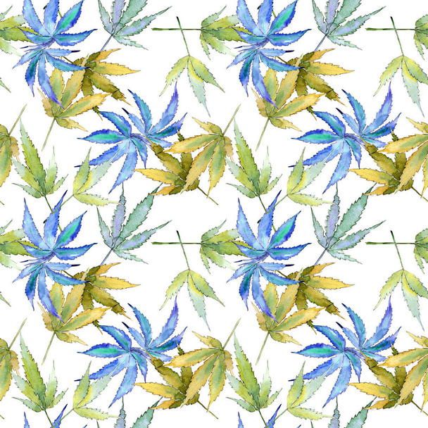 Cannabis green leaves. Watercolor background illustration set. Seamless background pattern. - Фото, изображение