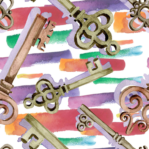 Isolated old key illustration element. Watercolor background illustration set. Seamless background pattern. - Photo, Image