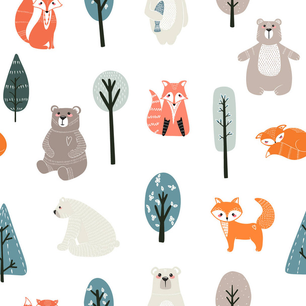 Seamless pattern with cute bears, foxs and different elements. Vector illustration in scandinavian style - Vecteur, image