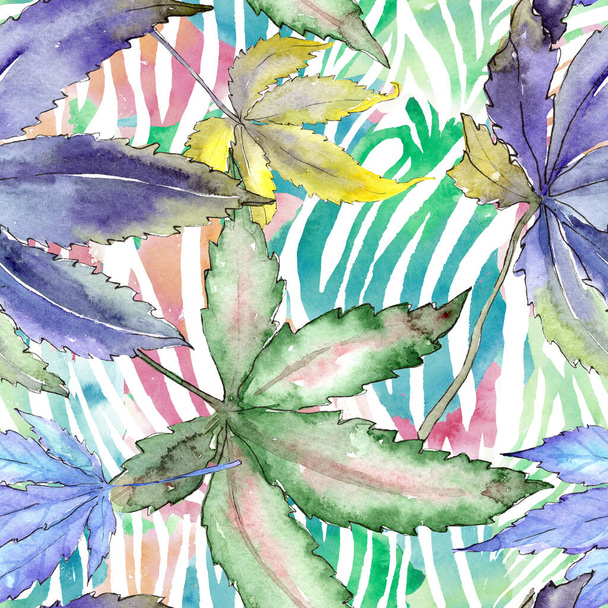 Cannabis green leaves. Watercolor background illustration set. Seamless background pattern. - Foto, afbeelding