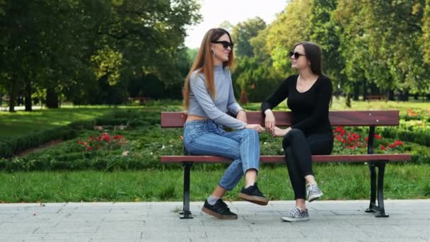 Dwie przyjaciółki rozmawiają w parku siedząc na ławce w parku i gawędząc - Materiał filmowy, wideo