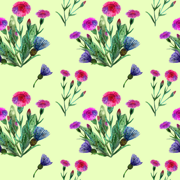 Watercolor wildflowers. Seamless pattern with a bouquet of pink carnations and blue cornflowers light green  - Φωτογραφία, εικόνα