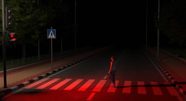 Egy gyalogos átmegy az úton egy kivilágítatlan utcán éjszaka egy piros jelzőlámpánál. Egy férfi megszegi az út szabályait, és vészhelyzetet hoz létre az úton. 3D-s renderelés - Fotó, kép