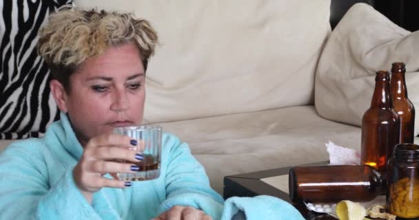 Miserable Woman In A Deep Depression, Sitting Alone On The Floor And Drinking Alcohol - Felvétel, videó