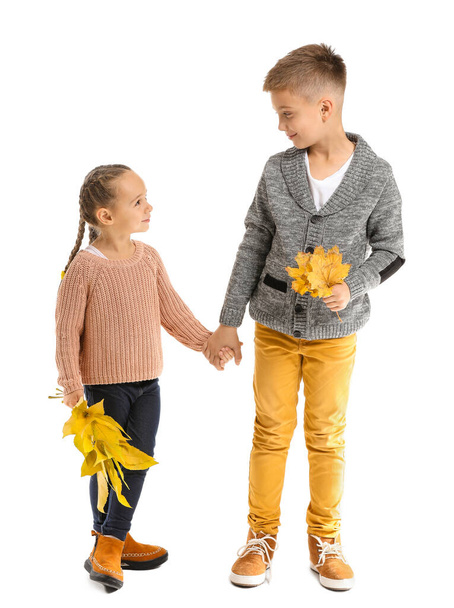 Porträt glücklicher Kinder mit Herbstblättern auf weißem Hintergrund - Foto, Bild
