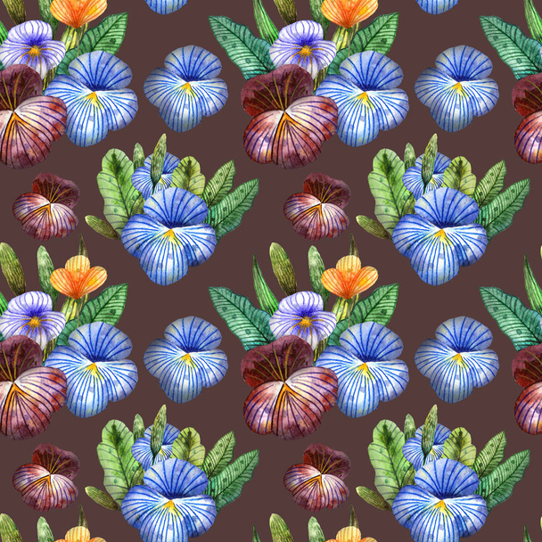 Watercolor wildflowers. Seamless pattern with a lot of pansies on a dark purple - Photo, image