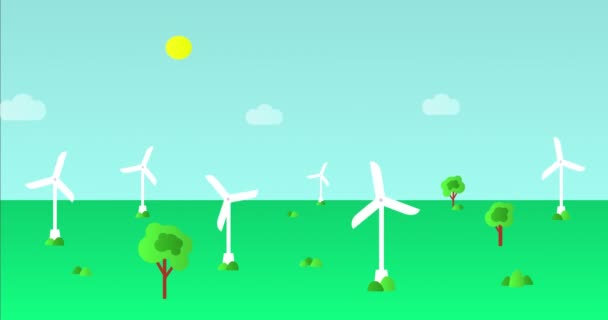 Turbiny wiatrowe lub generatory wiatrowe w akcji, animacja wideo kreskówek. Nowoczesne wiatraki. Energia wiatrowa. Pojęcie alternatywnej energii odnawialnej - Materiał filmowy, wideo