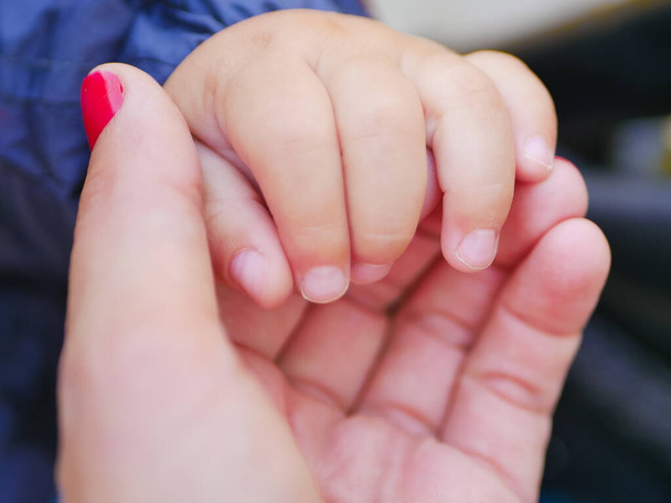 Een liefhebbende moeder houdt de hand van een kind vast. Hand van een pasgeborene - Foto, afbeelding