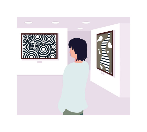 чоловік у галереї сучасного мистецтва, відвідувачі виставки переглядають сучасні абстрактні картини
 - Вектор, зображення