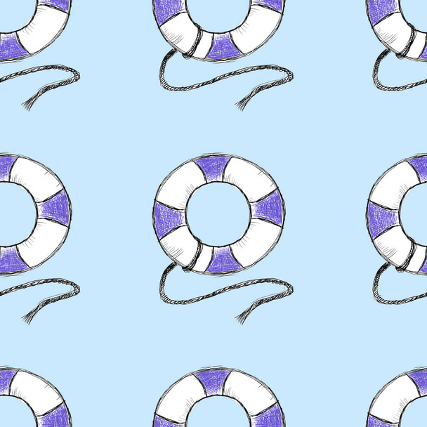 Summer sea doodle blue lifebuoy seamless pattern azure - Fotoğraf, Görsel