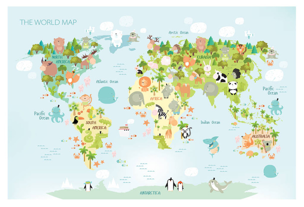Векторная карта мира с мультяшными животными для детей. Европа, Азия, Южная Америка, Северная Америка, Австралия и Африка
.  - Вектор,изображение