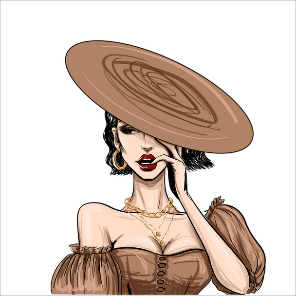 мода чувственная женщина в плоской коричневой шляпе
 - Вектор,изображение