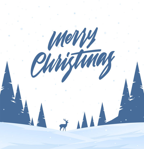 Winter snowy landscape with hills, pine and silhouette of deer. Merry Christmas - Vector, Image