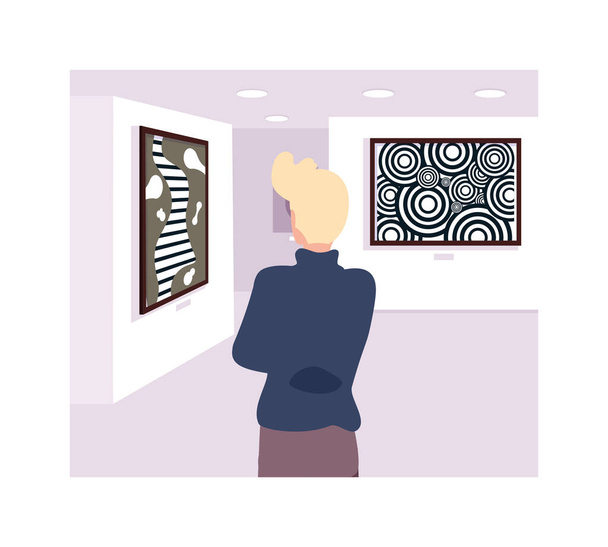 hombre en la galería de arte contemporáneo, los visitantes de la exposición ver pinturas abstractas modernas
 - Vector, Imagen