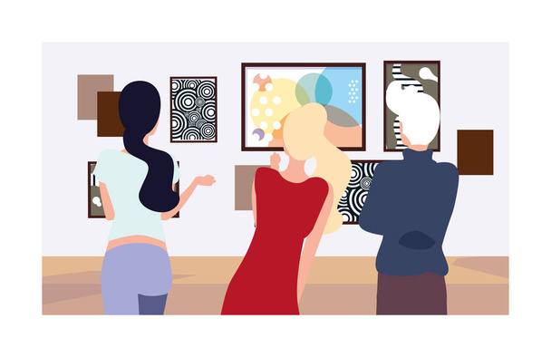 groep mensen in galerie voor hedendaagse kunst, tentoonstellingsbezoekers die moderne abstracte schilderijen bekijken - Vector, afbeelding