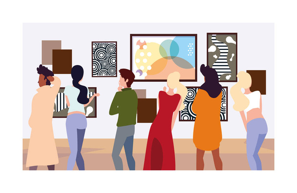 grupo de personas en la galería de arte contemporáneo, visitantes de la exposición que ven pinturas abstractas modernas
 - Vector, Imagen