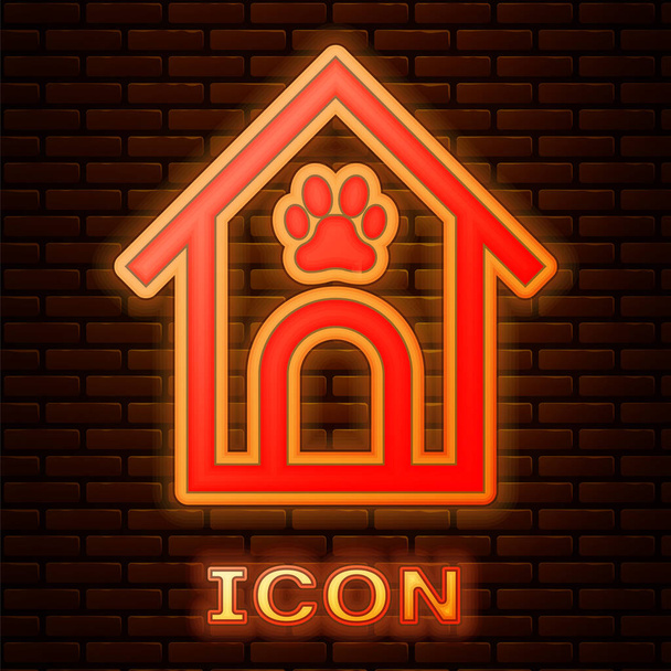 Brillante casa de perro de neón y pata icono de la mascota impresión aislado en el fondo de la pared de ladrillo. Una perrera. Ilustración vectorial
 - Vector, imagen
