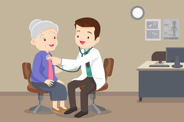 Doctor examining chest of a elderly woman - Vector, Image