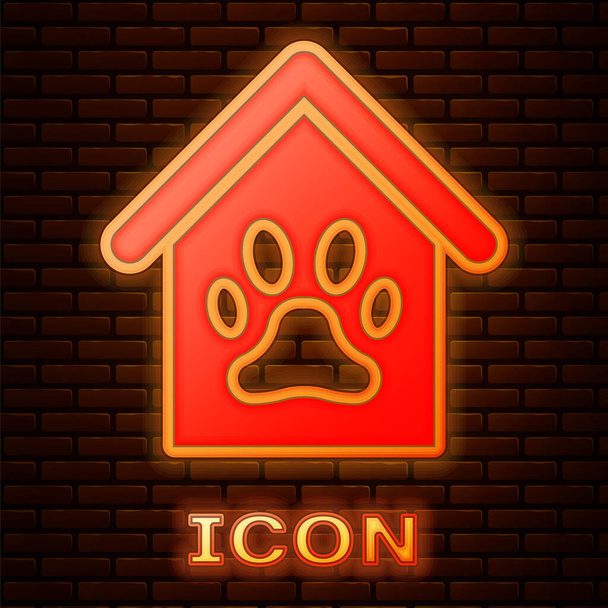 Glowing neon Dog house and paw print pet icon isolated on brick wall background. Dog kennel. Vector Illustration - Vector, Image