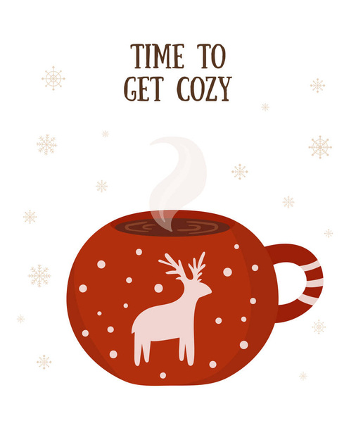 Vector postcard with hot drink in a cute mug and cozy slogan in  - Vektor, kép