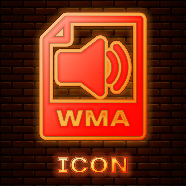 Izzó neon WMA fájl dokumentum. Töltse le a WMA gombot, hogy a ikont elszigetelt téglafal háttérben. WMA fájl szimbólumát. WMA zene formátum jel. Vektoros illusztráció - Vektor, kép