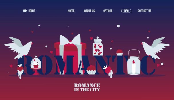Romantic date website design, vector illustration. Landing page template, valentine day gifts. Symbols of love, typographic background. Romantic evening for couple - Vector, Image