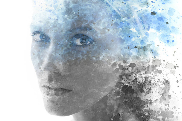 Paintography. Double exposure. Close up of an attractive model c - Foto, imagen