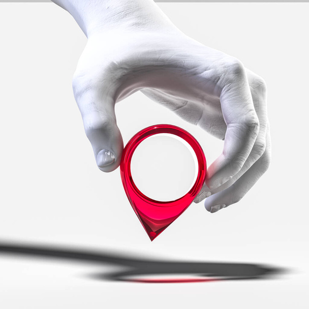 Realistic white human hand holding red map pin geotag isolated on white background. 3d rendering - Φωτογραφία, εικόνα