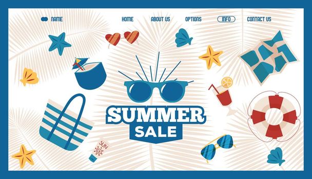Summer sale website design, vector illustration. Vacation accessories store, landing page template. Flat icons of sunglasses, beach bag and cocktails. Summer trip items sale - Vector, Image