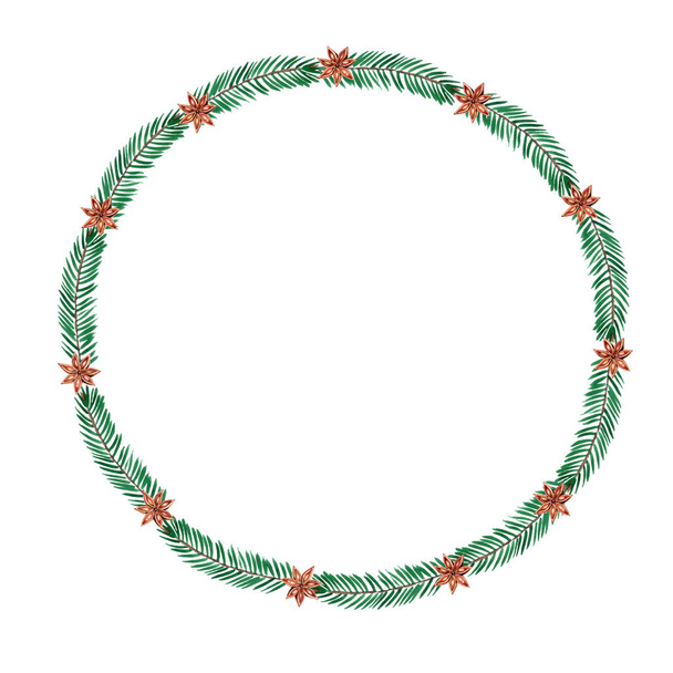 Christmas Watercolor wreath of spruce branches and anise. Hand d - Фото, изображение