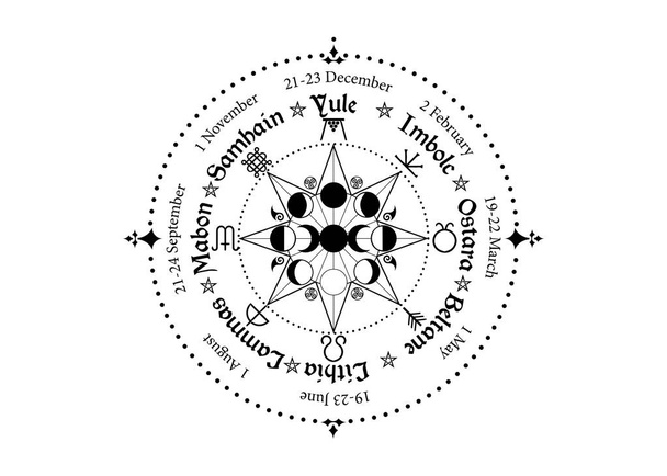 rueda del Año es un ciclo anual de festivales de temporada. Calendario y días festivos wiccanos. Brújula con luna triple Wicca diosa pagana y símbolo fases lunares, nombres en Celta de los Solsticios
 - Vector, imagen