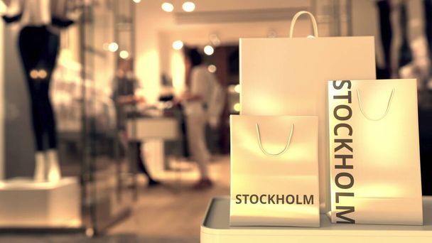 Shopping bags with Stockholm caption against blurred store entrance. Shopping in Sweden related 3D rendering - Foto, Imagem