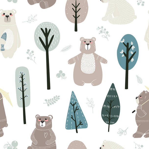 Seamless pattern with cute bears and different elements. Vector illustration in scandinavian style - Vecteur, image