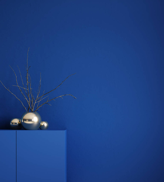 Minimal decorated dark deep color room with chest of drawers and vase with branch, 3d render - 写真・画像