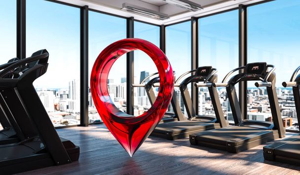 Red map geo tag pin in modern bright gym interior with big windows. 3d rendering. - 写真・画像