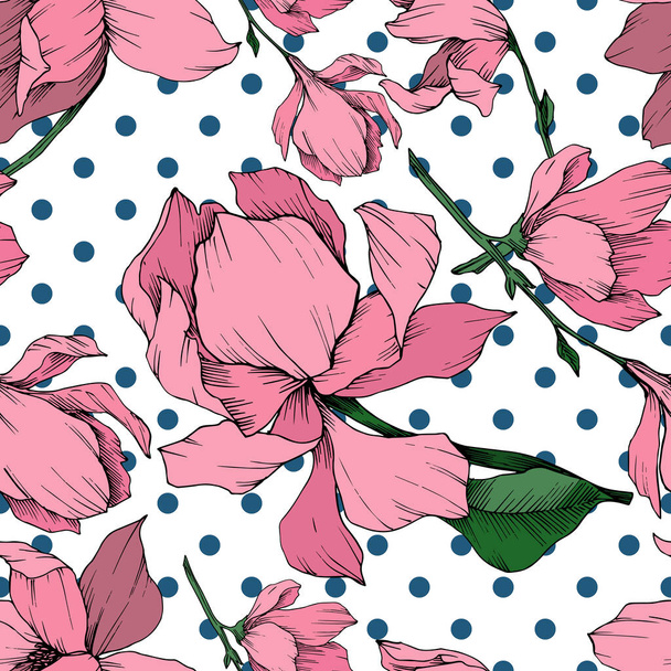 Vector Magnolia floral botanical flowers. Black and white engraved ink art. Seamless background pattern. - Vecteur, image