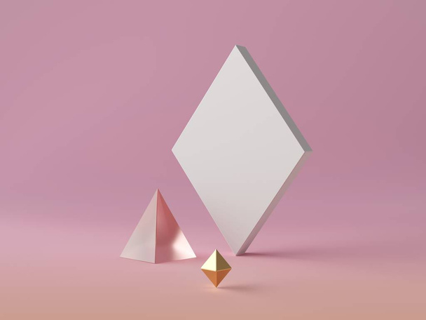 3d abstract modern minimal background, white rhombus canvas isolated on pink, golden crystal polygonal shapes, glass pyramid, fashion minimalistic scene, simple clean design, blank feminine mockup - Photo, image