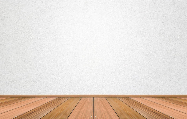 Üres belső szoba fehér cementfal textúrával és barna fapadló mintával. Koncepció belső vintage stílus - Fotó, kép
