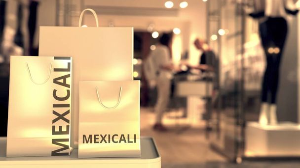 Bulanık mağaza girişine karşı Mexico alfabesi başlıklı alışveriş torbaları. Meksika 'dan alışveriş kavramsal 3D canlandırma - Fotoğraf, Görsel