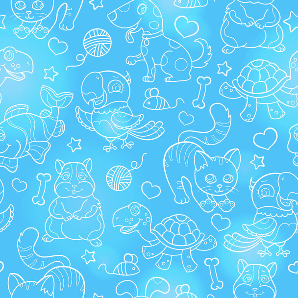 Naadloos patroon met schattige huisdieren, witte contouren op een blauwe achtergrond - Vector, afbeelding