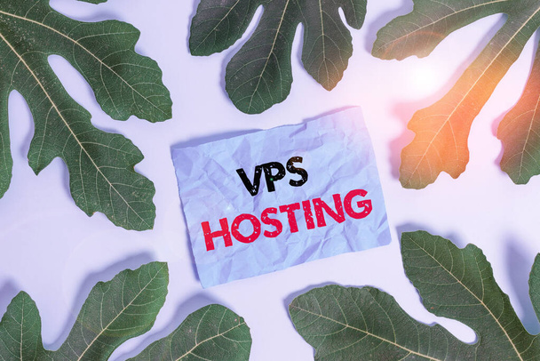 Conceptual hand writing showing Vps Hosting. Business photo text mimics a dedicated server within a shared hosting environment Leaves surrounding notepaper above empty soft pastel table. - Photo, Image