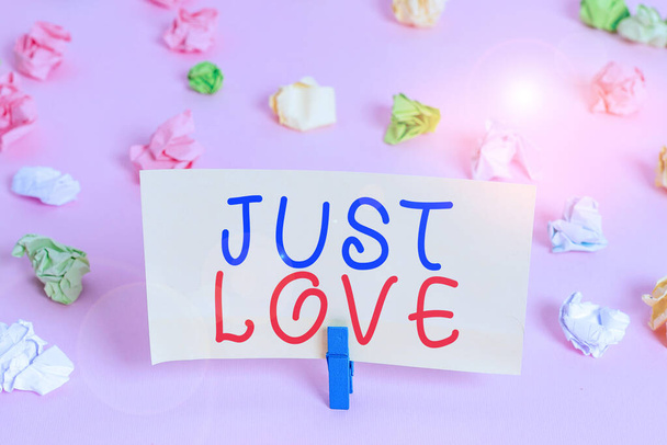Word writing text Just Love. Business concept for being interested physically in someone An emotional attachment Colored crumpled papers empty reminder pink floor background clothespin. - Photo, image
