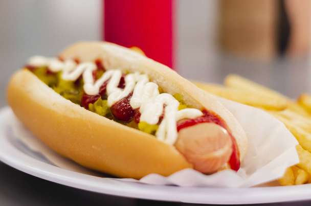 Hot Dog mit Kartoffeln und Smoothie - Foto, Bild