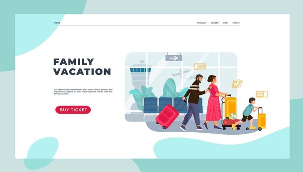 Tourists landing page. Family on vacation with kids and luggage, man and women happy characters going on journey. Vector web page - Vector, Image
