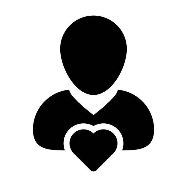 Icono del símbolo del corazón vector hombre usuario persona perfil avatar para el amor y el concepto de salud en un pictograma de glifo de color plano ilustración
 - Vector, imagen