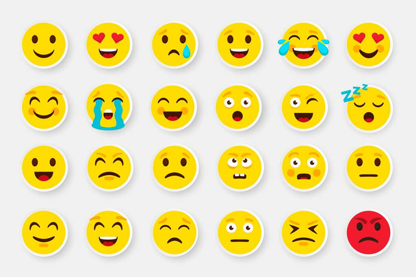 Conjunto de caras de etiqueta emoji. Emoticon dibujos animados emojis símbolos. Conjunto de iconos de objetos de chat digital vectorial
 - Vector, Imagen