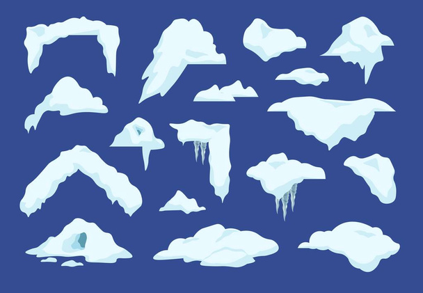 Schneekappen. Cartoon-Winterdekorationselemente mit Schneebällen und Eiszapfen, gefrorenen Wolken und Schneehaufen. Vektor-Weihnachtsset - Vektor, Bild